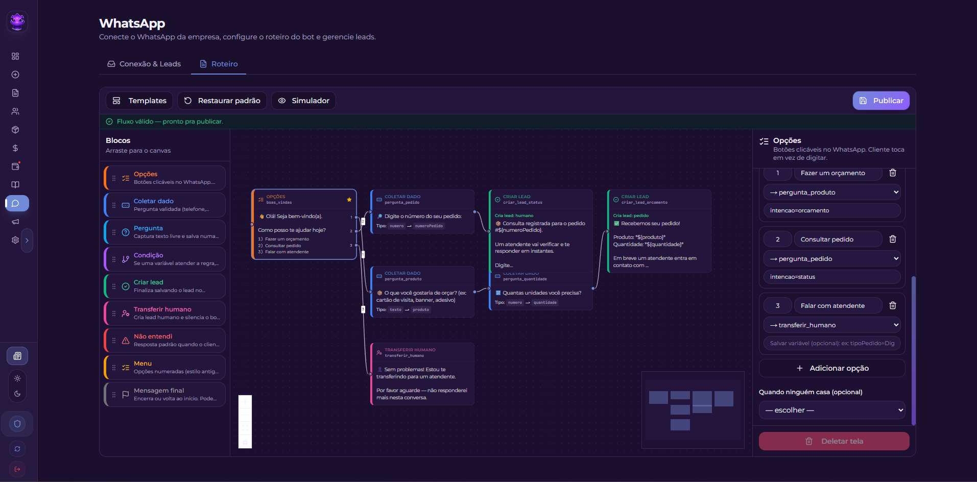 Flow builder do WhatsApp no Kamalia